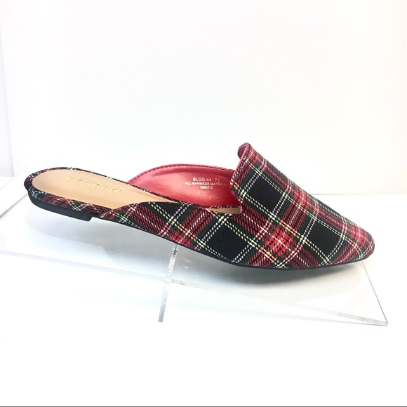 LAST PAIR Tweed Plaid Mules - Red Tartan Flat - Picture 4 of 8